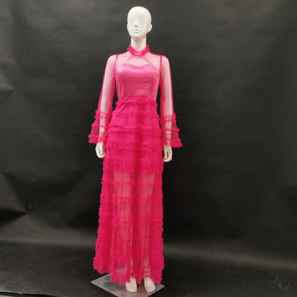 Estilo elegante renda transparente vestido em torno do pescoço nova saia de bolo moda manga longa cintura alta multi camada plissado emenda