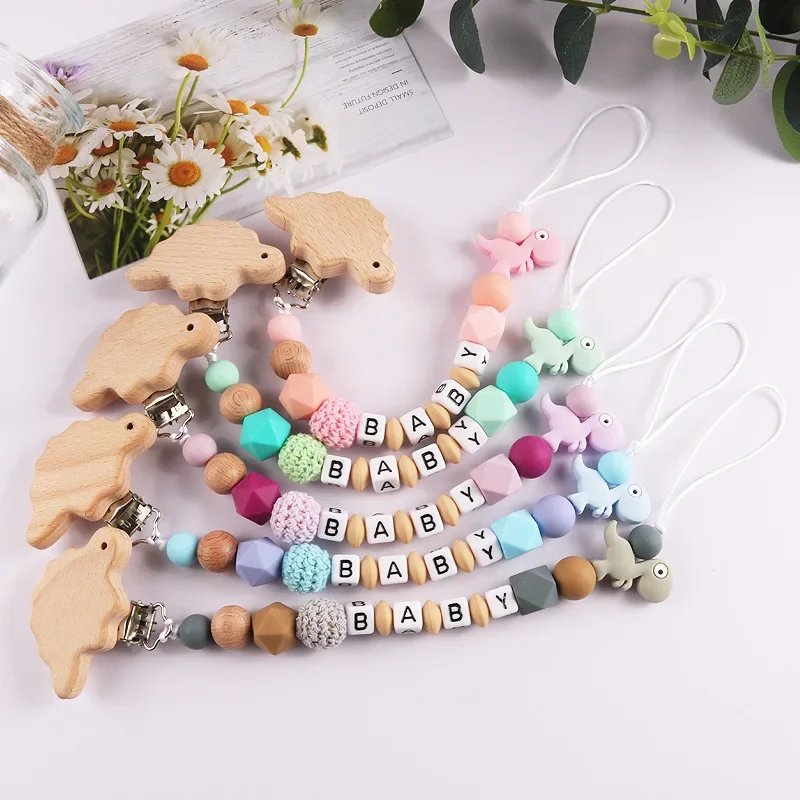 Baby Personalized Name Pacifier Clips Nipple Holder Cartoon Dinosaur Silicone Teether for Babys Bite Tooth Grinding Butter Chain