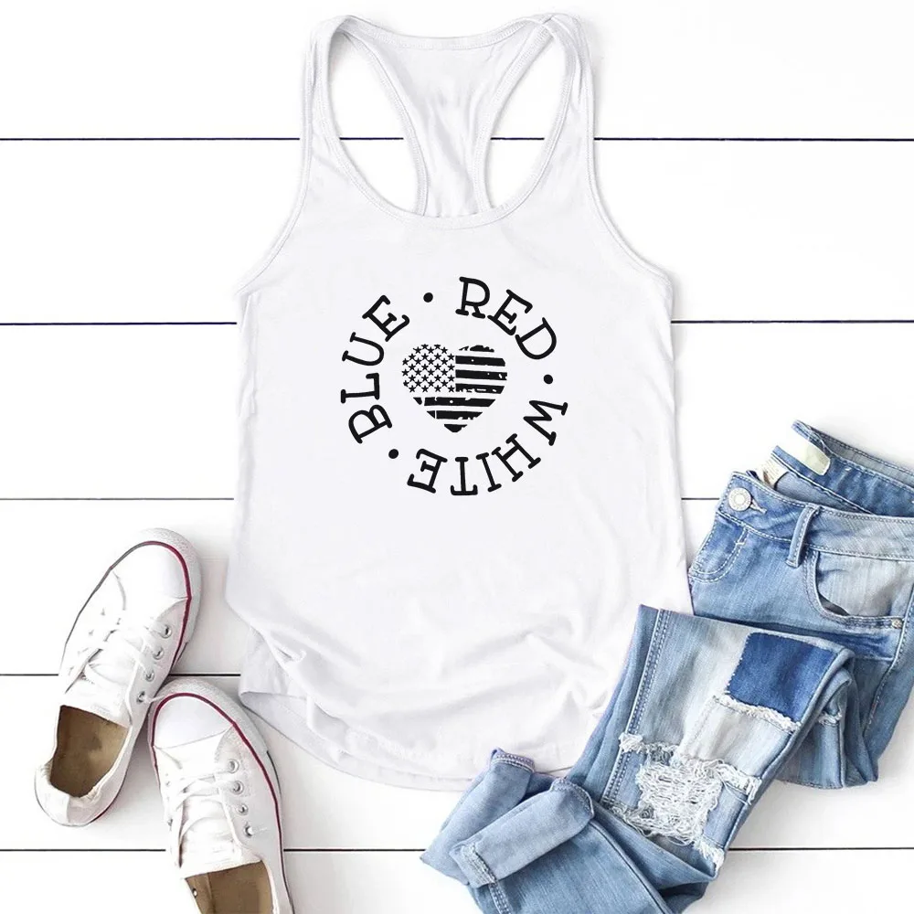 Seeyoushy BLUE RED WHITE Alphabet Print Tank Top Summer Casual Fashion Sling Tank Top Loose Women's Tank Top Sports Tank Top