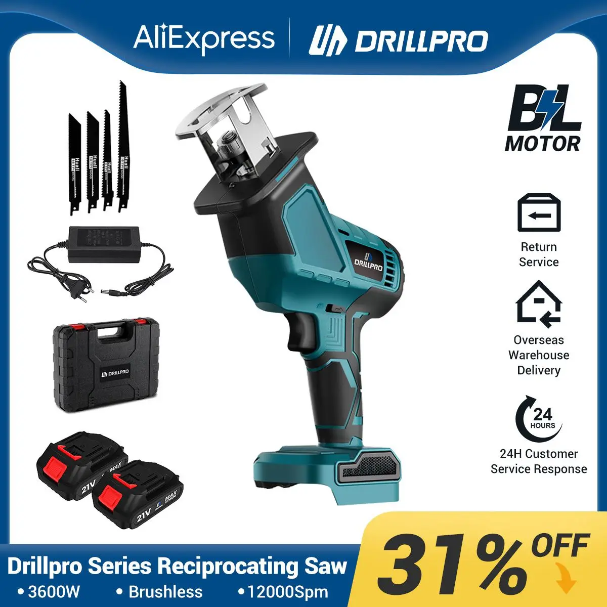 Serra Alternativa Drillpro Brushless Motosserra sem Fio Ferramenta para Bateria Makita Corte de Madeira e Metais 3600w 12000spm
