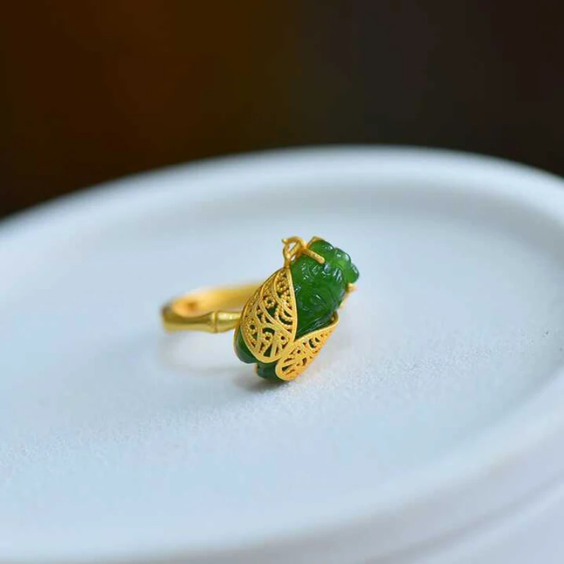 Natural Hetian jade ancient gold craftsmanship cicada rings for women opening adjustable fresh literary art ethnic style jewelry