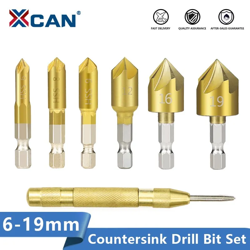 XCAN Hex Shank Countersink Drill Bit 6-19mm Set Titanium Coated 5 Flute Hole Drill 90 Degrees Wood Chamfering Cutter