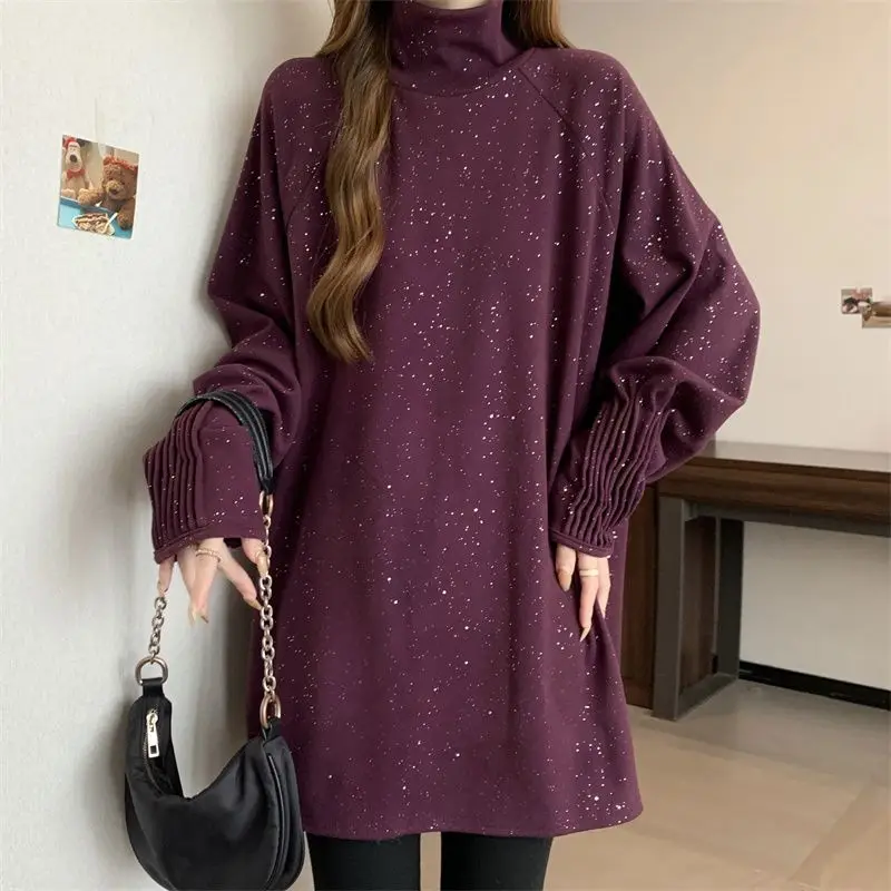 

Big Size Winter Office Lady Bottoming T-Shirts Turtleneck Women Winter New Loose Warm Bright Silk Long Sleeve Knit Pullover Tops