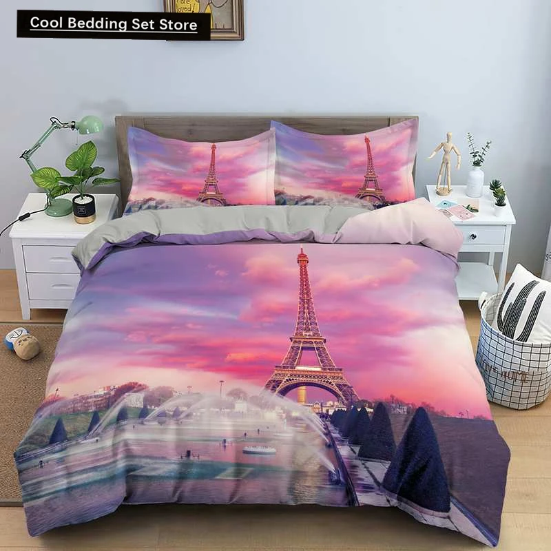 Paris Tower King Queen Duvet Cover Famous Buildings In France Bedding Set for Adults Pink Romantic 2/3pcs Polyester Quilt Cover