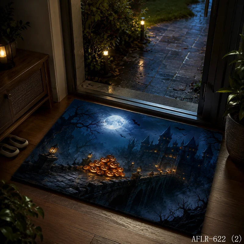VIKAMA Halloween Haunted Castle Pumpkin Full Moon Bat Doormat Non Slip Entryway Floor Mat Spooky Night Indoor Home Decor