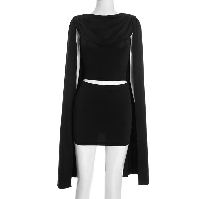 Conjunto de 2 piezas liso a la moda para mujer, Tops cortos con chal fruncido y cuello redondo + minifaldas ajustadas, trajes de fiesta de cumpleaños, trajes para discoteca