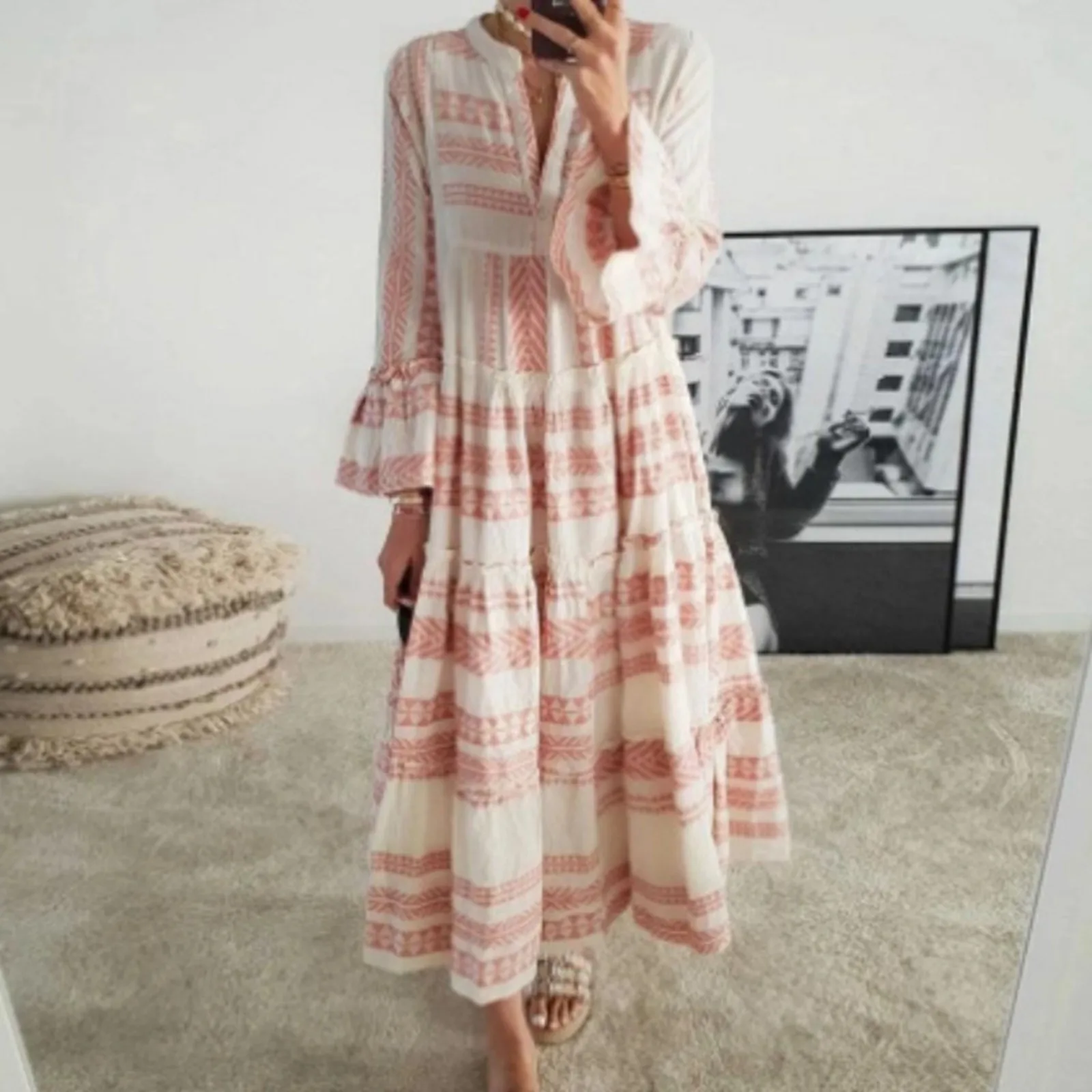 Bohemian Geometric Print Striped Long Sleeve Maxi Dress For Women Sexy Beach Casual Casual Sundresses for Women with Pockets