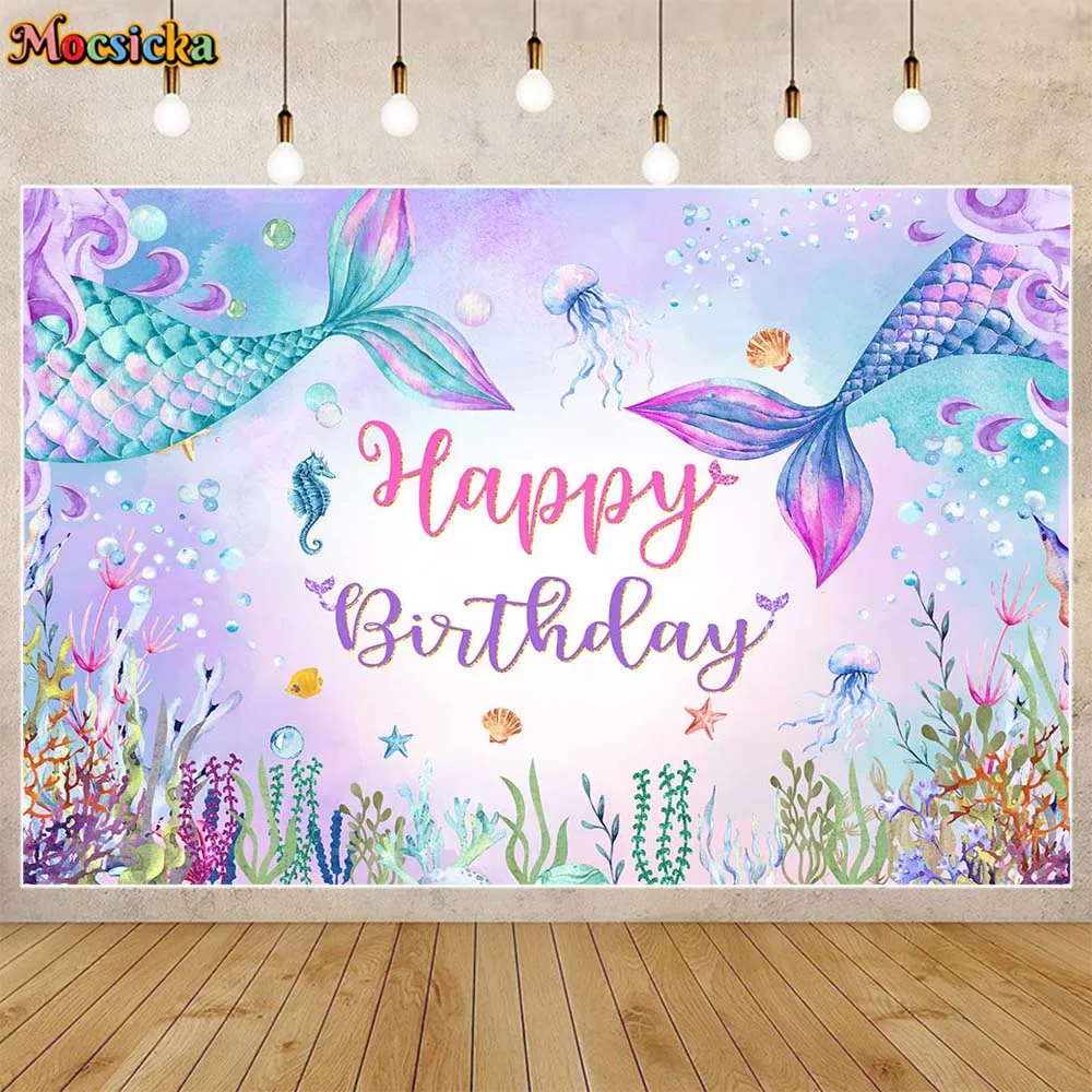 

Mocsicka Mermaid Princess Birthday Backdrop Purple Tail Under the Sea Photography Background Girl Birthday Party Decor Customize