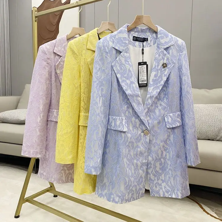 2024 Spring and Autumn Long Sleeved Button Slim Fit Mid to Long Lace Small Suit Ice Silk Jacket