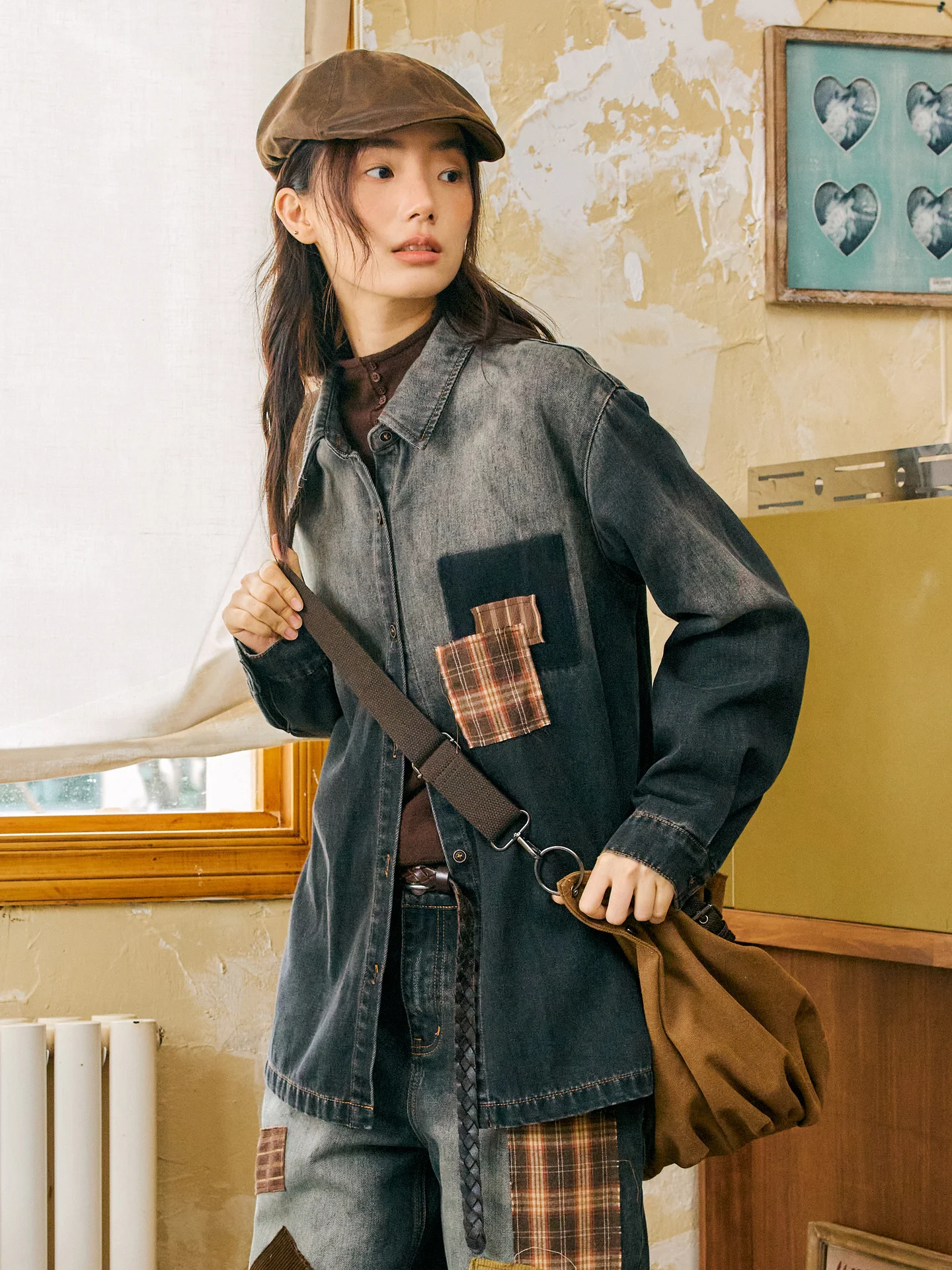 

Женская винтажная джинсовая рубашка Octopusme с длинным рукавом, воротником, свободного кроя, из смесового хлопка и полиэстера, теплая, повседневная, удлиненная