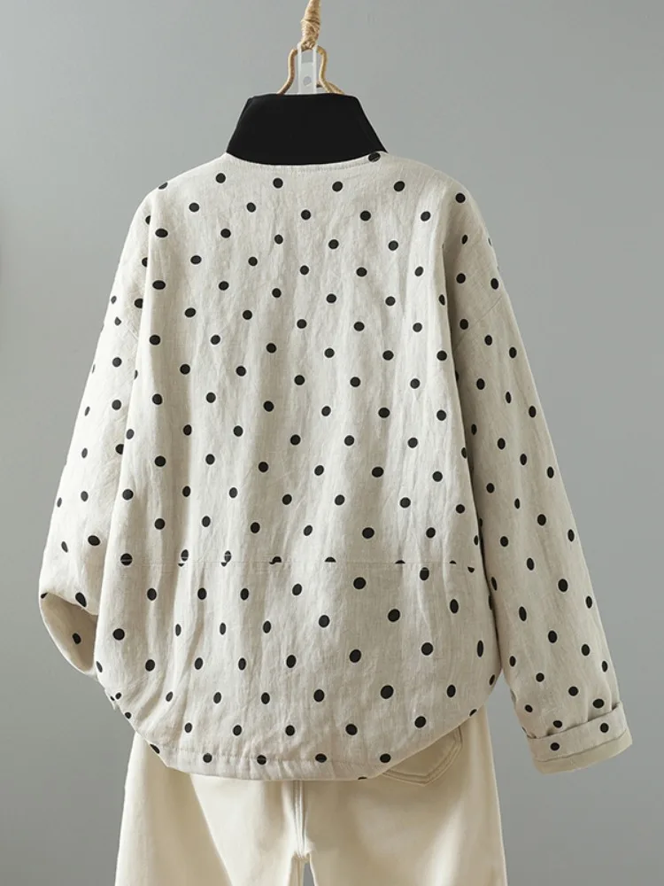 Retro Polka Dot Print Thin Cotton Linen Women's Jacket Loose Winter Coat Warm Short Sleeve Long Coat Open Cardigan Style