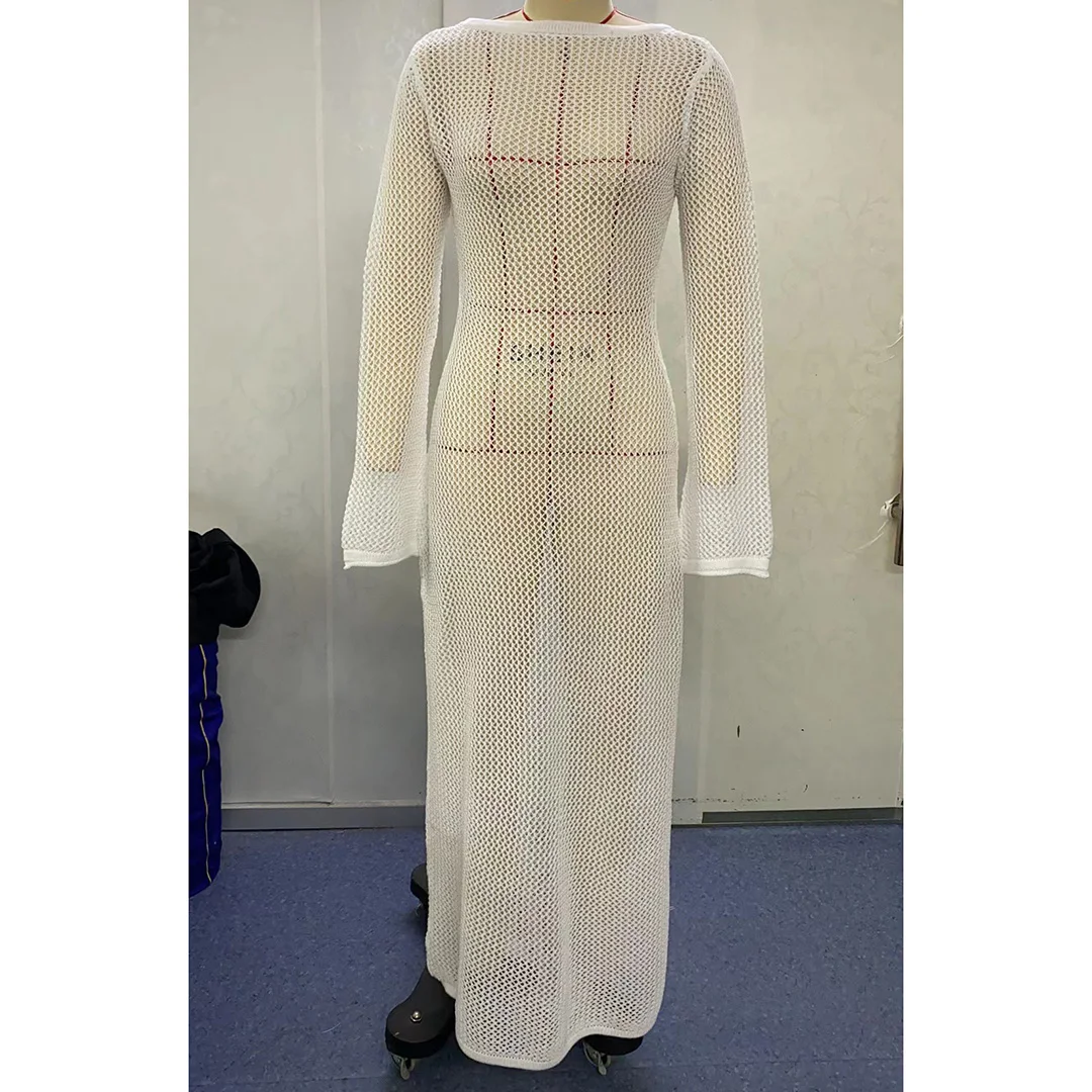 Sexy Langarm-Tunika mit Ausschnitten, gehäkelt, gestrickt, Strandkleid, Strandmode, Damen V5319 – Detail 9