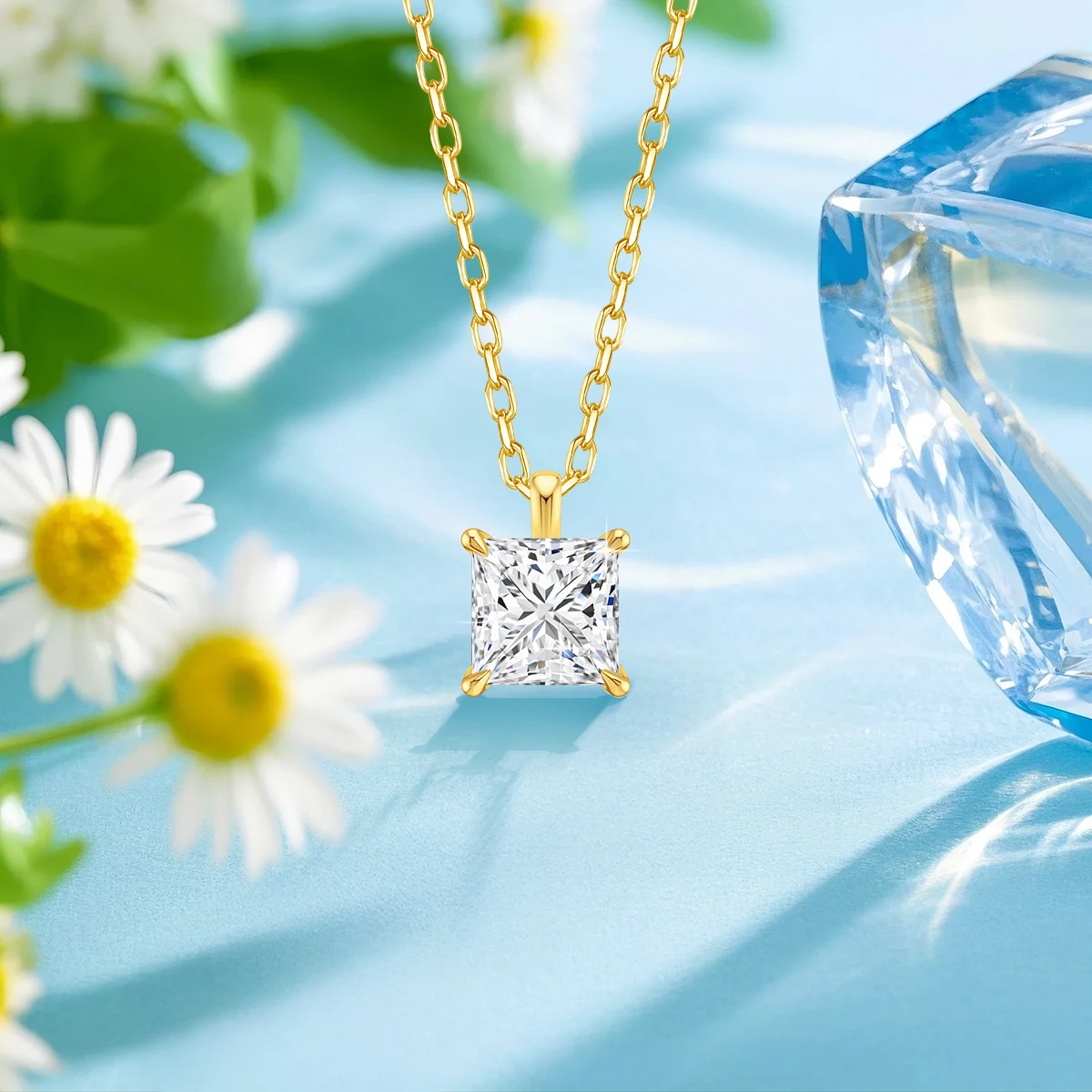 

14K Gold Princess Cutting Moissanite Crystal Pendant Necklace for Women Korean Fashion Geometric Square Choker Chain Jewelry