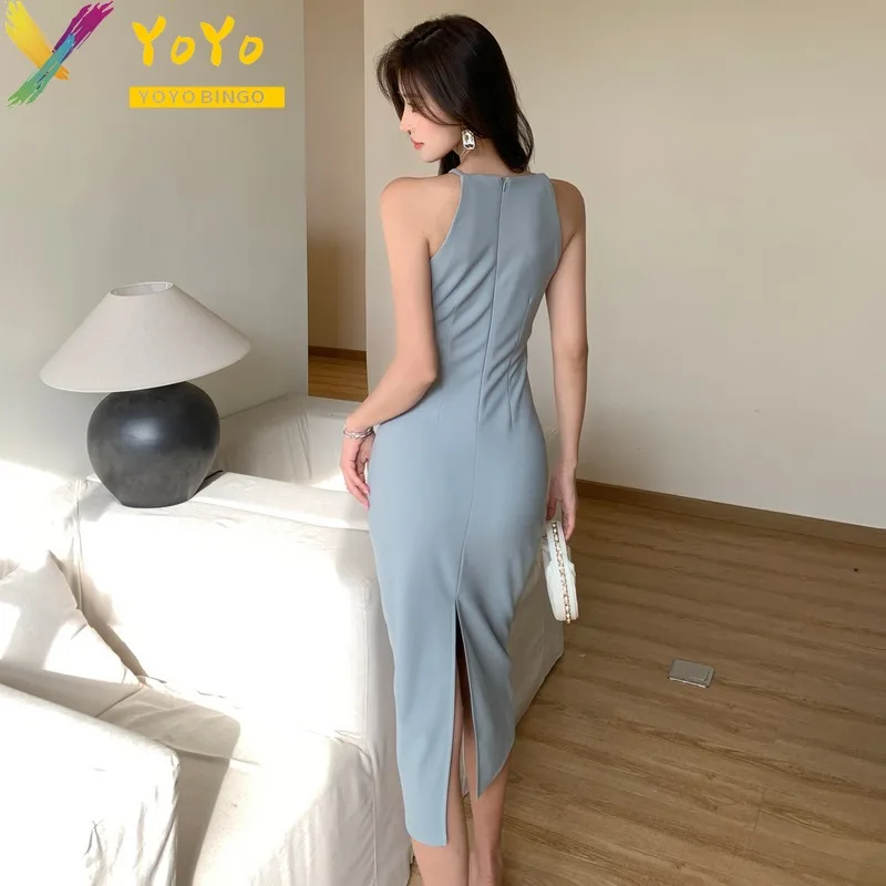 2024 Summer Formal Fashion Blue Hollow Hanging Neck Sleeveless O-neck Split Dress 2024 Elegant Temperament Slim Fit Party Dress