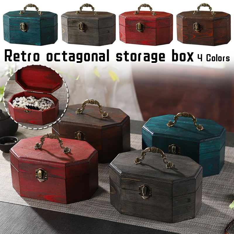 صندوق خشبي مثمن متعدد الوظائف عتيق - تخزين من الخشب الصلب مصنوع يدويًا للمجوهرات صندوق هدايا ديكور سطح المكتب الصيني القديم