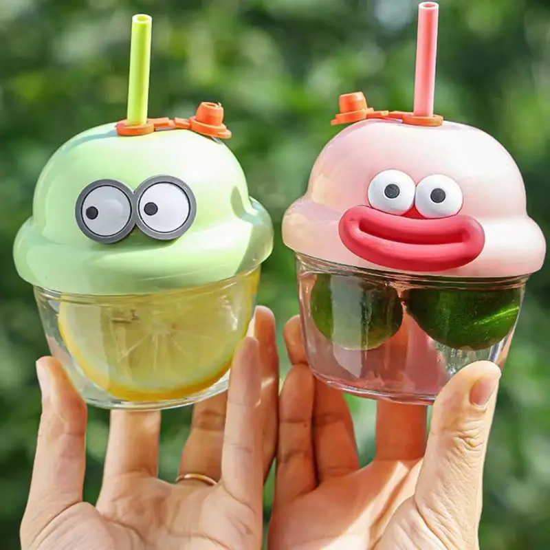 210ml Mini Glass Straw Cup Creative Outdoor Children's Water Cup Portable Transparent Travel Tea Cup Cute Funny Water Bottle