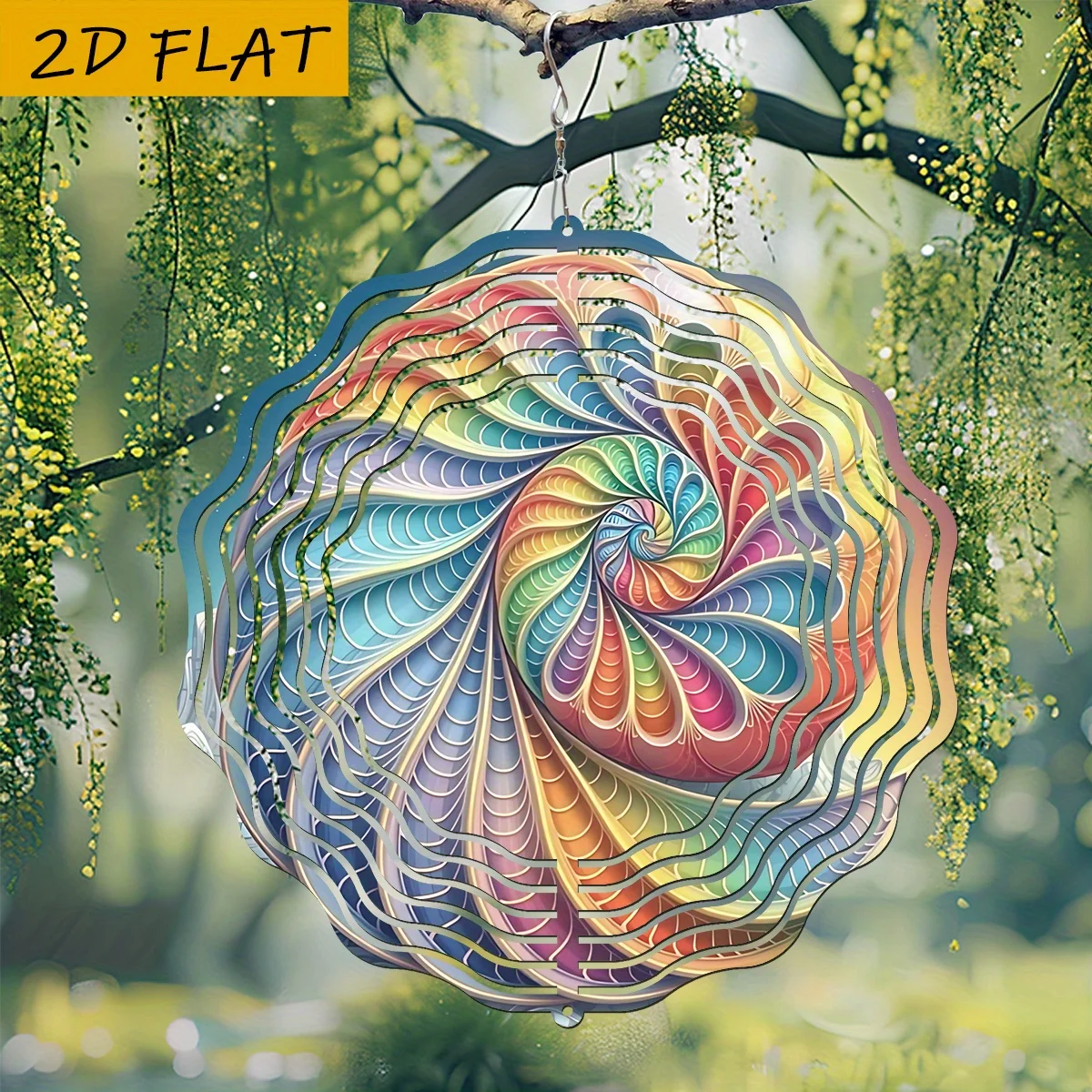 2D Flat Rainbow Spiral Wind Spinner - 10 Inch Metal Art with 360 Swivel Hook for Garden Christmas Gift