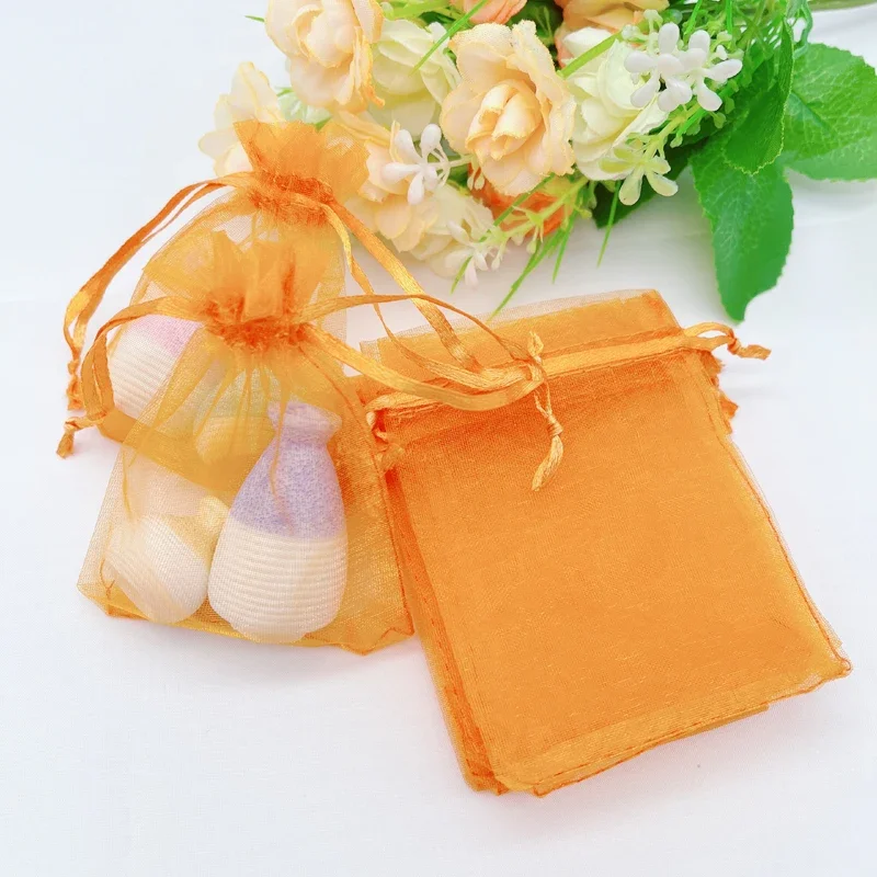 Organza Tissue Organza Gift Bag, Drawstring Storage Bags, Mesh Pouch, Orange, Wedding Packaging, Jewelry, 100Pcs