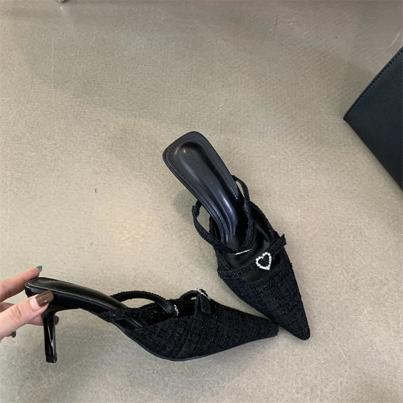 Black High Heels Sexy Pointed Toe Slingback Slippers Ladies Office Shoes Belt Buckle Low Heel Women Pumps Summer Stiletto