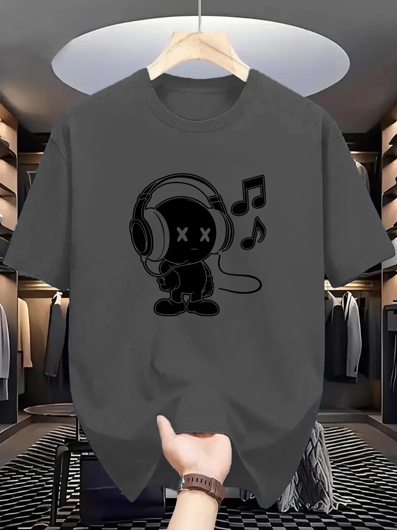 تي شيرت رجالي صيفي 100% قطن غير رسمي فضفاض مقاس كبير بطابع موسيقي مطبوع مريح رياضي برقبة دائرية وأكمام قصيرة #4