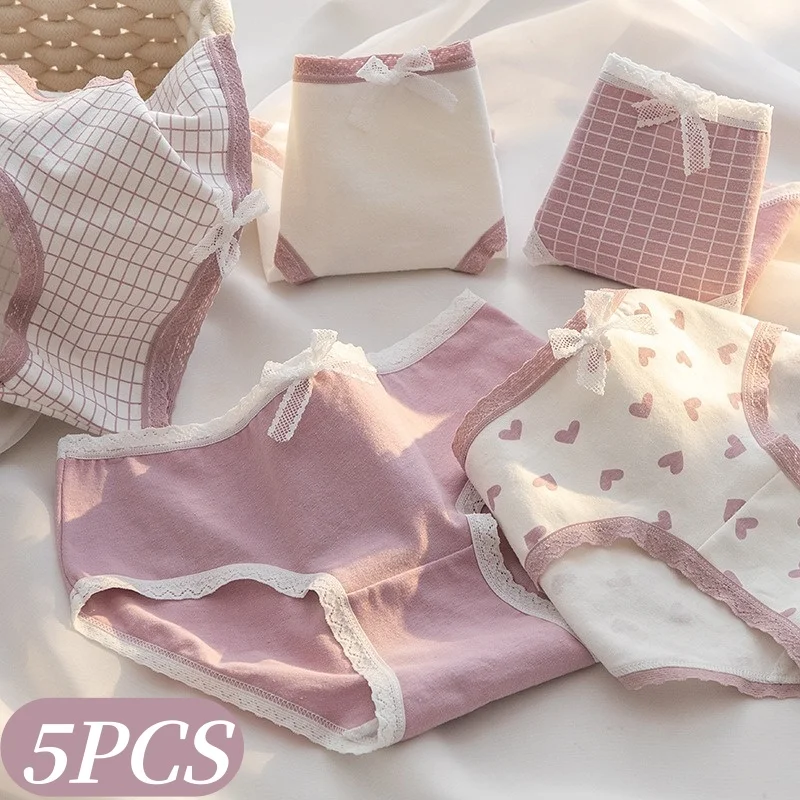 5-teiliges Set Damen Baumwoll-Slips, mittelhohe Slips mit Herz- und Karomuster, Spitzen-Schleifendekoration, bequeme Freizeitunterwäsche, Größen M-XL