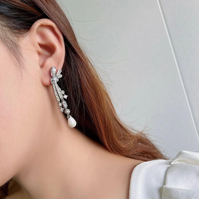 Bilincolor Fashion Silver Color Knot White Pearl Long Earring for Women