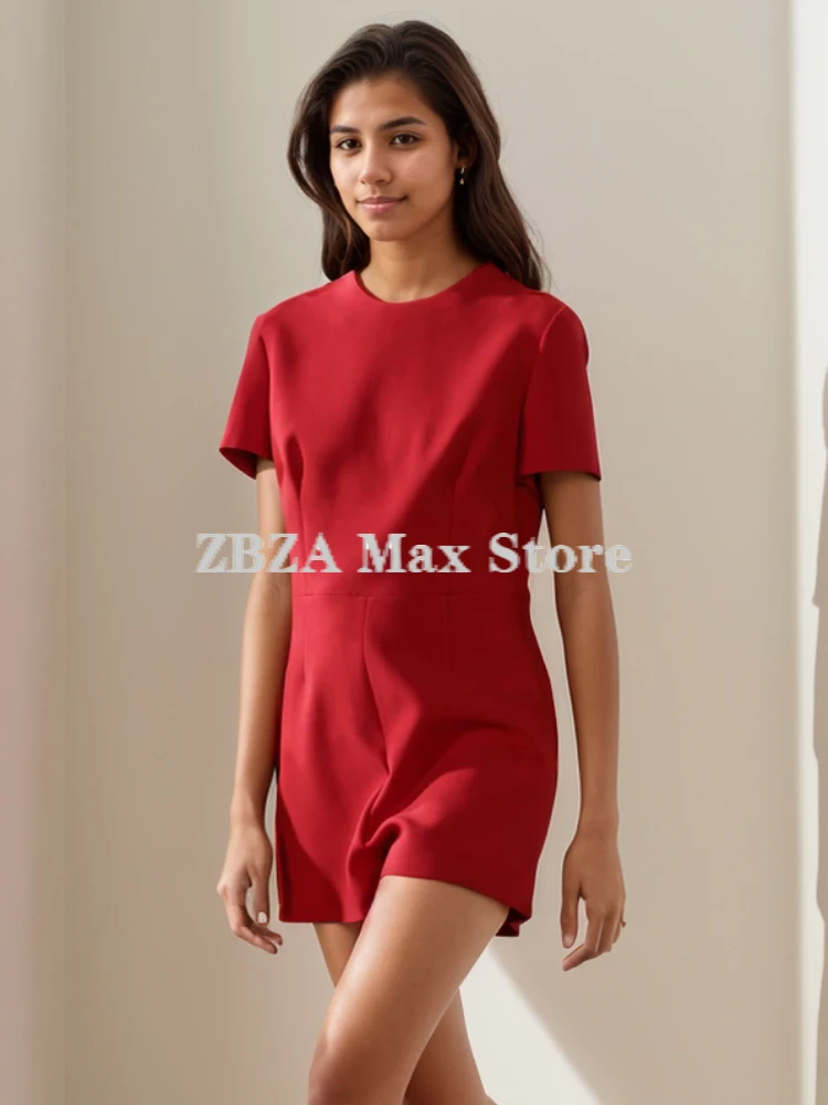 ZBZA Women\'s Bow Trim Short Jumpsuit Round Neck Hollow Out Solid Hidden Zip Mid Waist Backless Rompers New Female Chic Jumpsuit