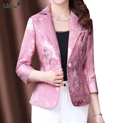 2023 Thin Women's Clothing Casual Notched Blazers Printing Spring Summer Three Quarter Sleeve Button Loose Korean Intellectual