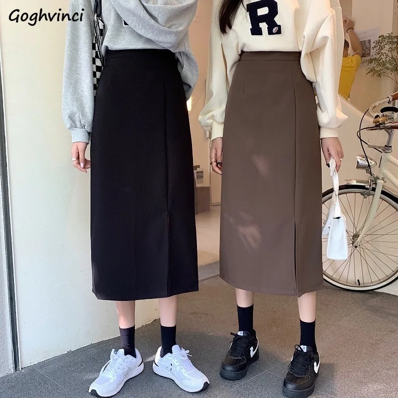 

Midi Skirts Women Korean Style Solid Ladies Design Temperament Autumn Feminino Side-slit All-match Leisure New College Empire