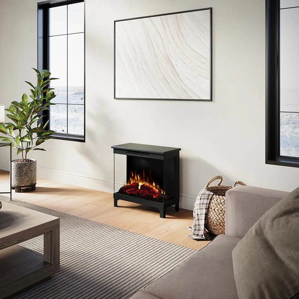 Free Standing Electric Fireplace with LED Flame, 3 Sided Glass Artificial Log Heater for Living Room Home Decoration