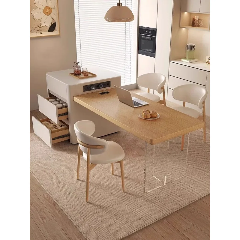 

[Небольшой прочный] Островная платформа, встроенный обеденный стол и стулья из массива дерева, выдвижной остров для небольшой квартиры, кремовая колода