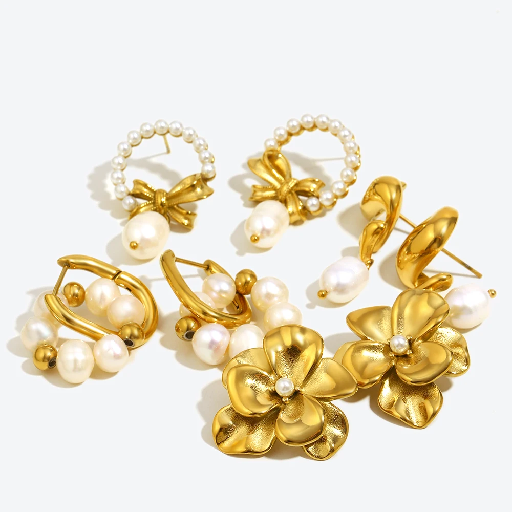 E.B.belle Flower Bowknot U-shaped Imitation Pearl Series Earrings Jewelry Stainless Steel 18k Gold Plated For Elegant Women Gift