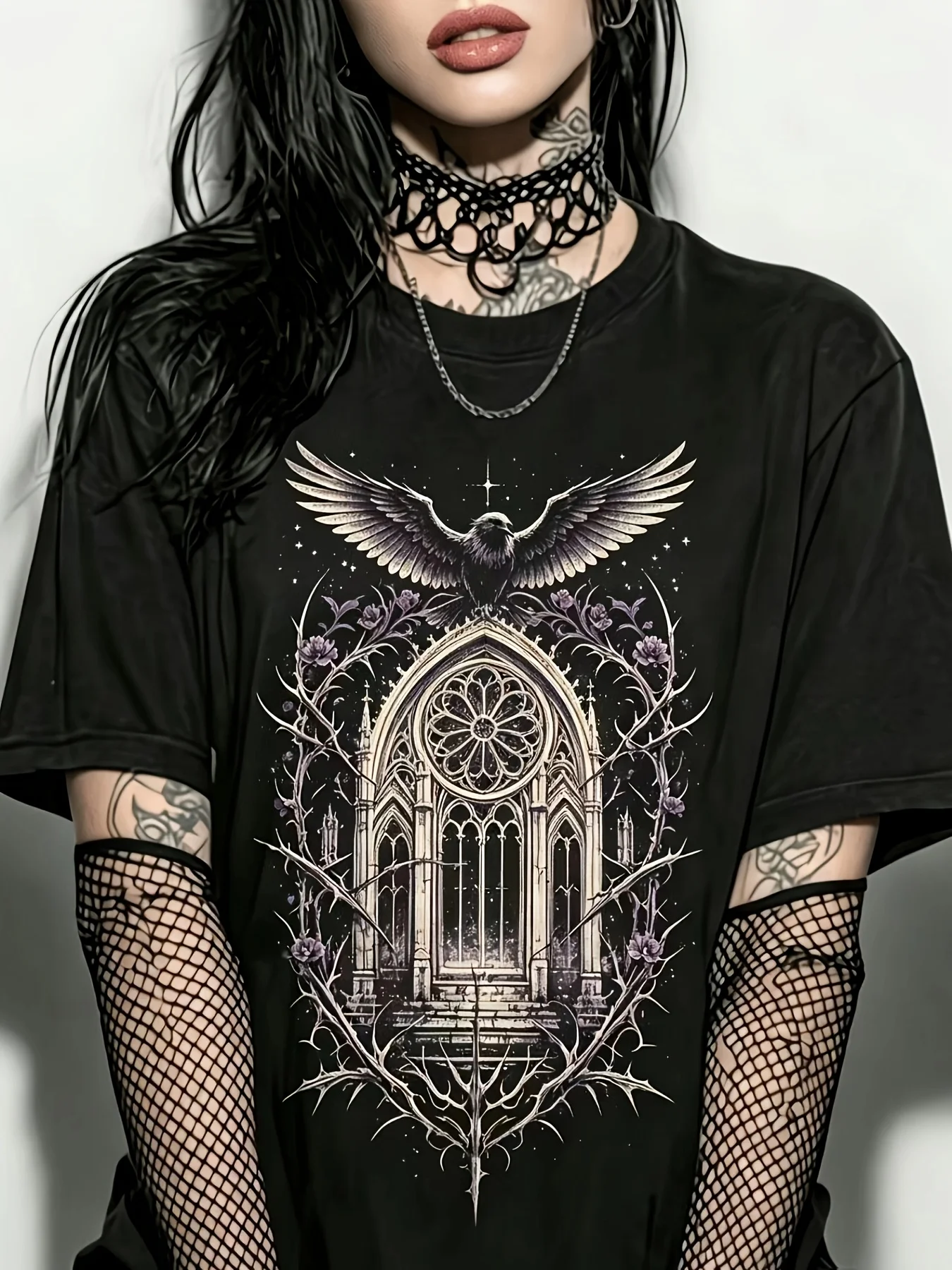 Gothic Raven Cathedral Graphic Tee for Women Unisex Vintage Dark Thorn Flower Star Moon 2D Print Short Sleeve Crew Neck T-Shirt