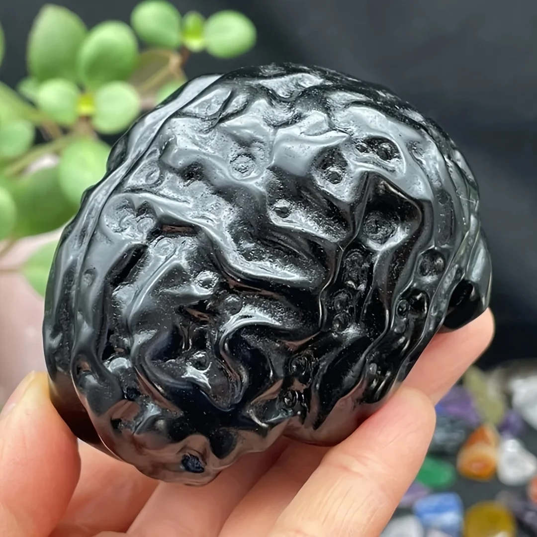 1pc Obsidian Brain Carving - Glossy Black Obsidian Stone Sculpture