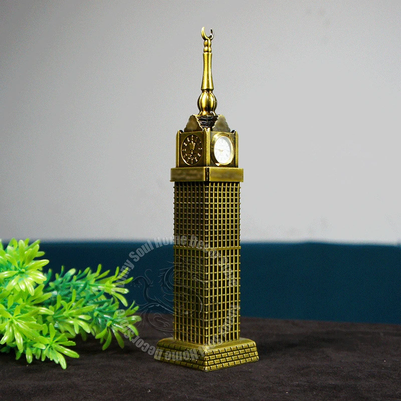 برج الساعة الملكي المعدني من Mecca نموذج فندق إسلامي المملكة العربية السعودية Mecca Landmark بناء تذكار فريد هدية ديكور قابلة للجمع