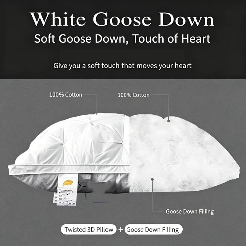 Goose Down Pillow 48x74cm Cervical Sleeping Pillows Luxury Antibacterial 100TC Cotton Comfortable Soft 2pcs Pillow For Adults