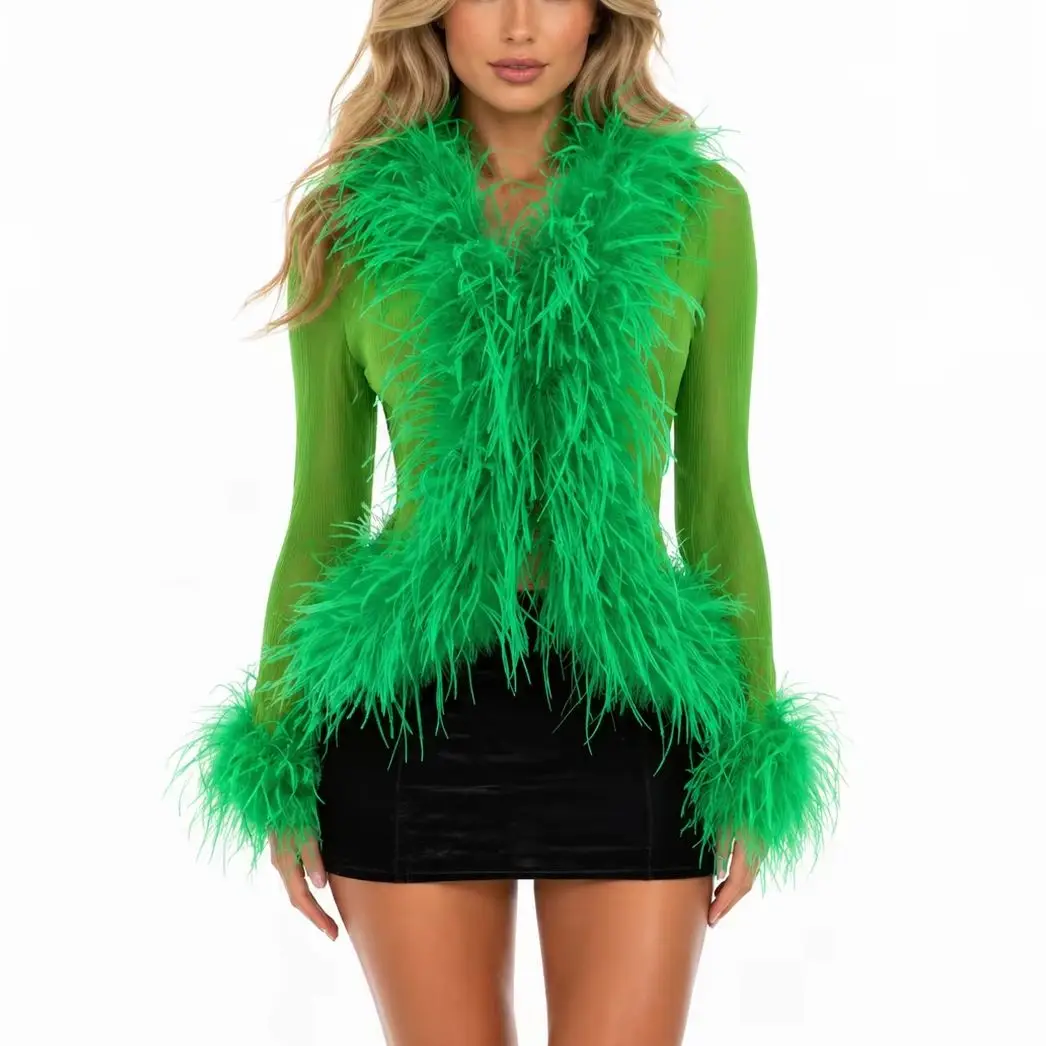 Women's Genuine Ostrich Feather Sheer Chiffon Jacket – Luxury Feather Trim Cover Up Cardigan, Lightweight Semi-Transparent Eveni