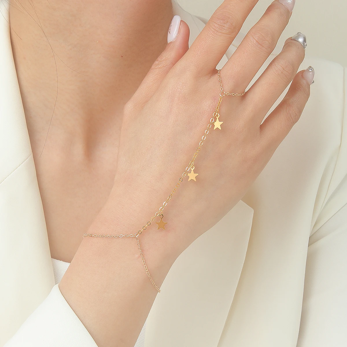 Kinitial Star Link Finger Rings Bracelets For Women Connecting Hand Harness Jewelry Bracelet Bangle Wedding Gift