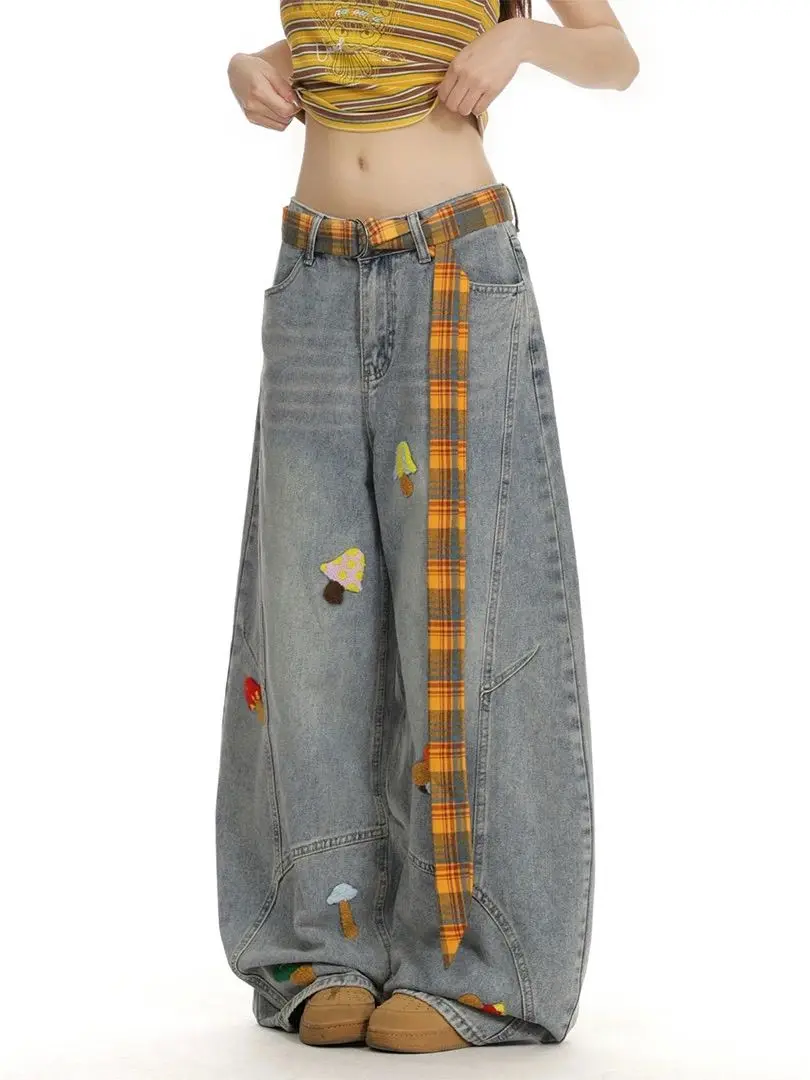 American Retro Cartoon Towel Embroidered Jeans Women's Autumn Loose Wide-leg Scimitar Pants