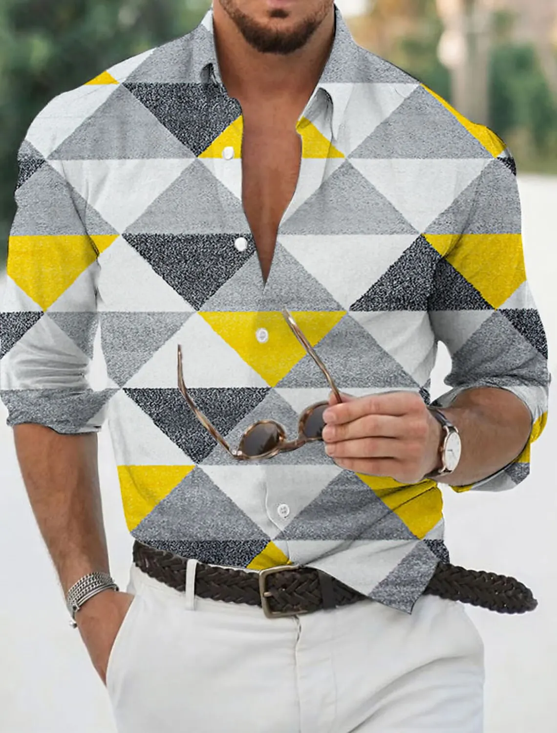 Camisa con estampado geométrico para hombre, ropa de calle de manga larga con botones, diseño de moda Tropical