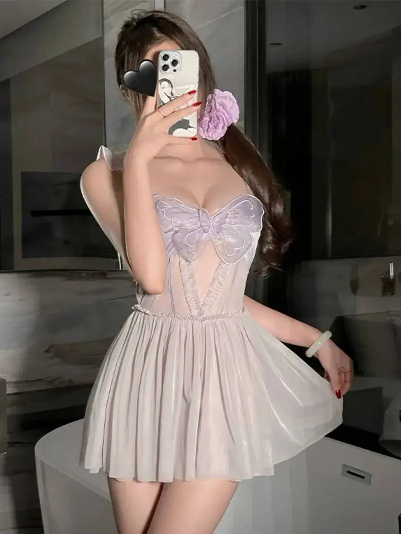 Nuovo puro desiderio cinturino sexy casa camicia da notte farfalla di pizzo sottile maglia trasparente abito corto senza schienale elegante abito dolce viola ZRK8