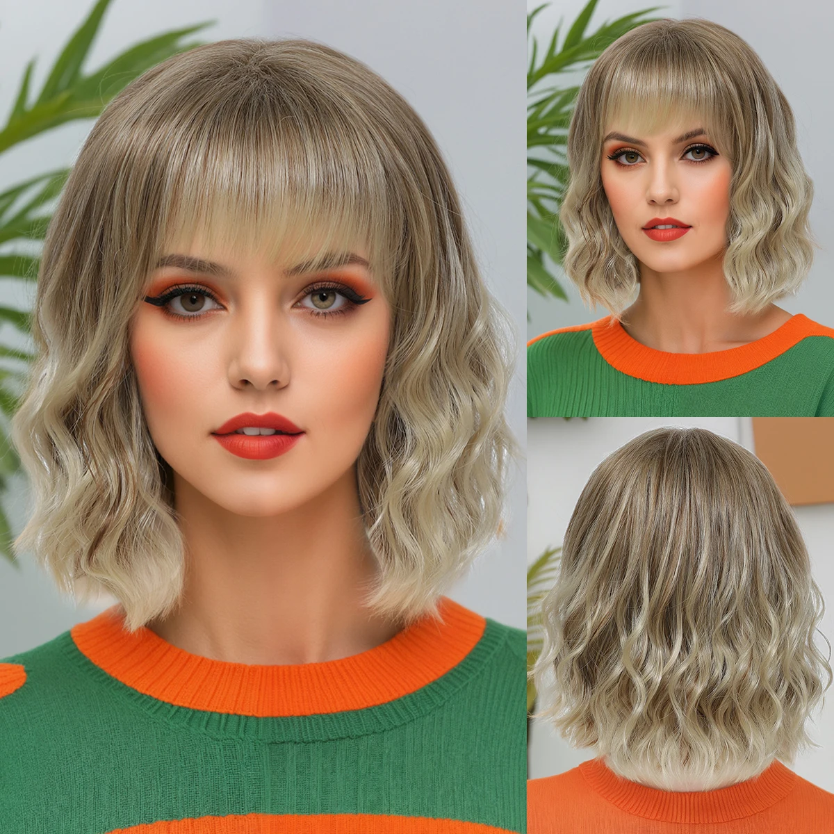 

Water ripple linen color gradient golden full-head curly wig Synthetic fiber wig