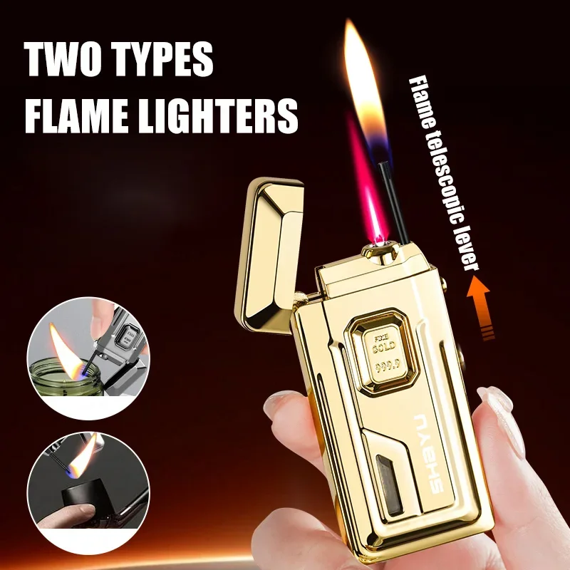 Two Types of Flame Lighters Visible Gas Window Open Flame Telescopic Rod Windproof Red Flame Alloy Body Ignition Tool
