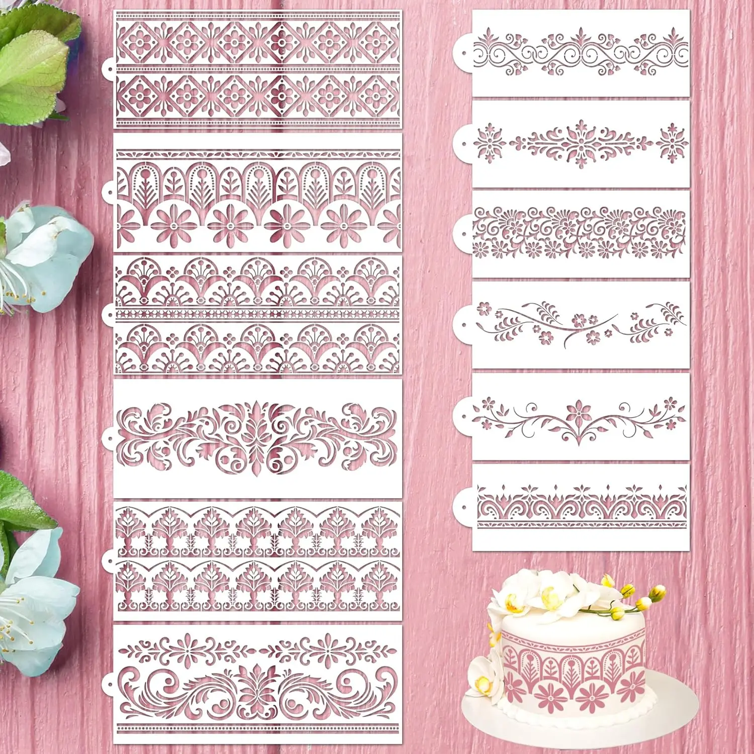 12Pcs Floral Lace Cake Border Stencils, Reusable PET Template for Cake Cookie Cream Painting & Baking Decoration