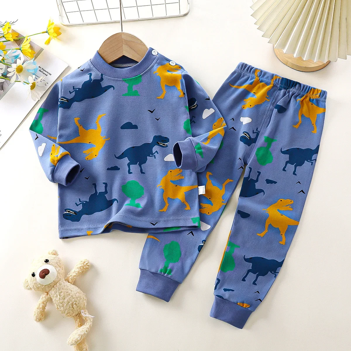 Pijamas cálidos de algodón puro para niños y niñas, ropa de dormir de manga larga con dibujos de dinosaurios, conjuntos de ropa para bebés, otoño, 2024