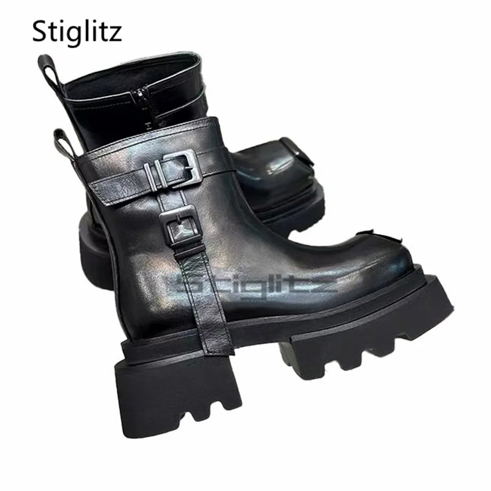 

Thick Soled Square Toe Mororcycle Boots for Men Women Casual Couple Shoes British Style Belt Buckle Chunky Platform Ankle Boots