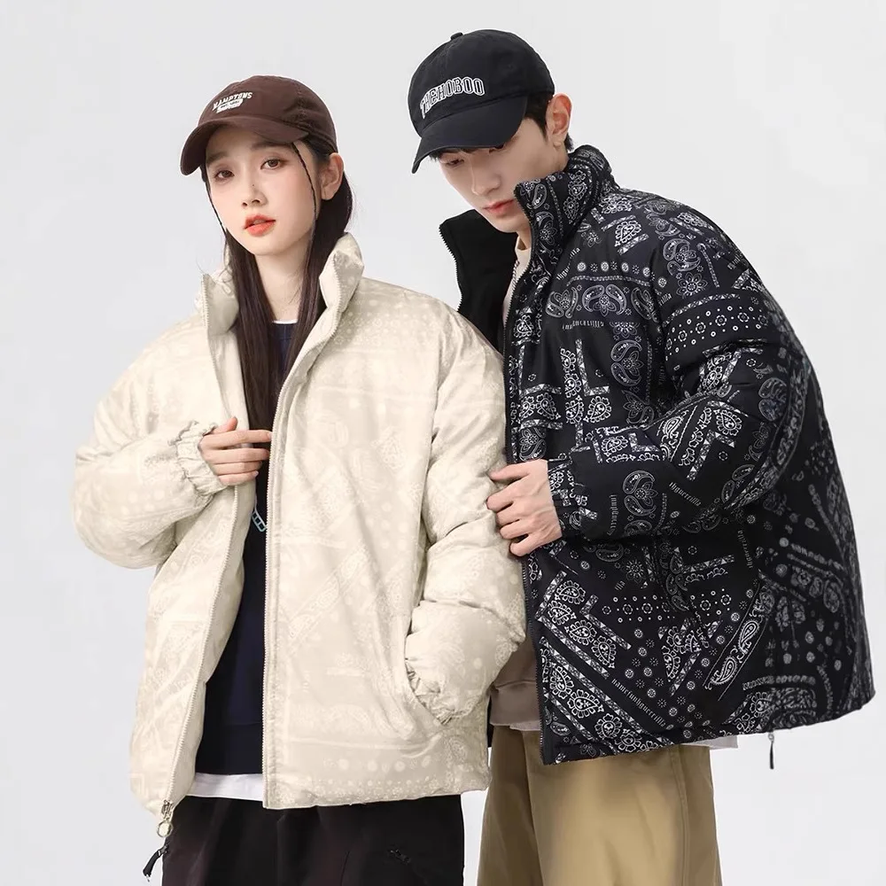 Double-Sided Wear Thickened Cotton Jacket for Men Women Stand Collar Warm Casual Loose Fit Winter Couple Windproof Bread Jacket