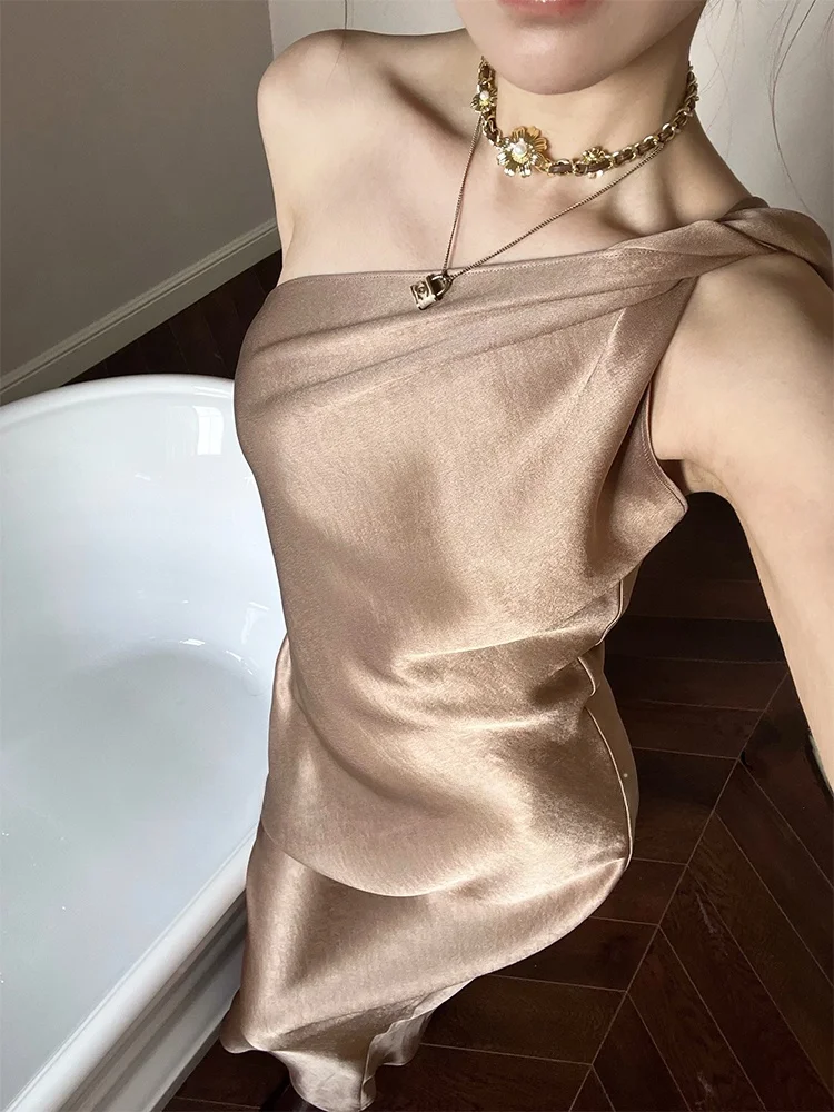 

Sexy Strapl Satin Long Dr Women's Slimming Vest Dr No Sves High Waist Zipper Sle for Date And Par Ocns