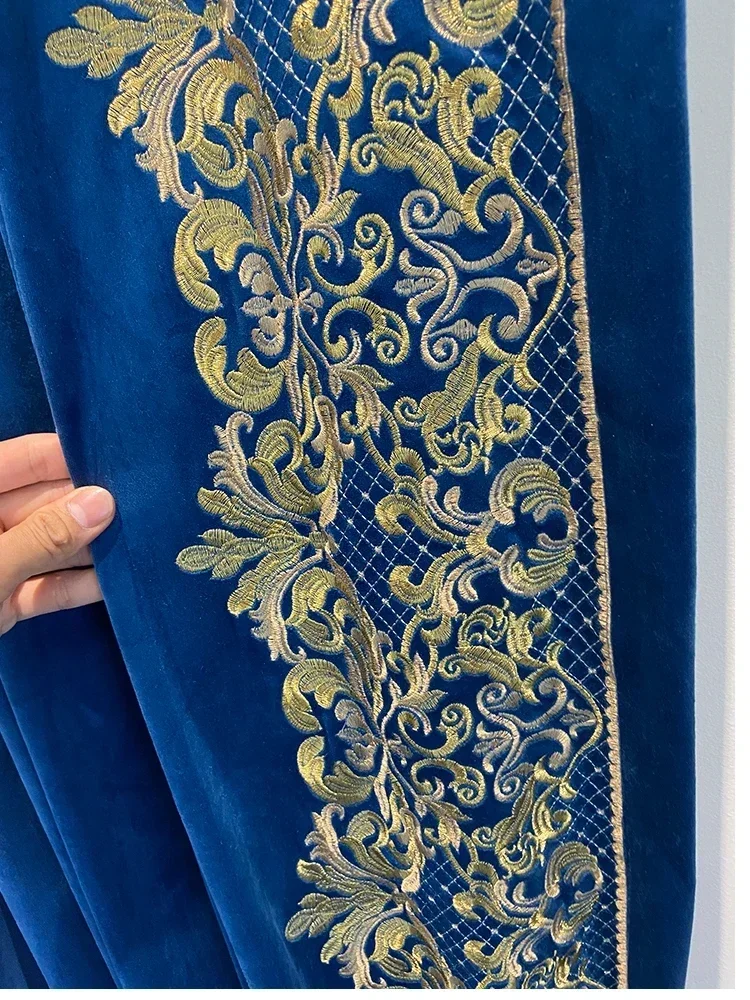 Dark Blue Gold Embroidered Velvet Thickened Curtains For Living Room Bedroom French Window Balcony Embroidered Window Screen