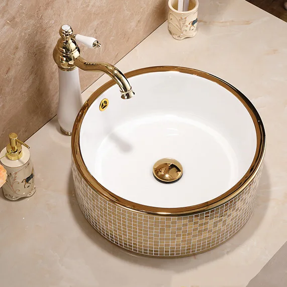 

Роскошная керамическая гигиеническая раковина, золотая наклейка, круглая раковина для ванной комнаты, столешница, раковина для ванной комнаты
